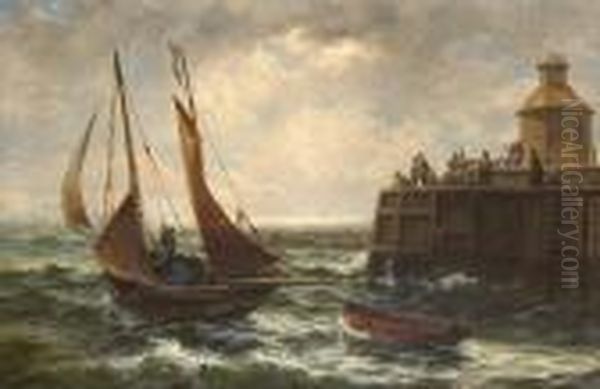 Herring Drifters Leaving Gorleston Harbour Oil Painting by Thomas Rose Miles