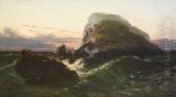 A Rocky Outcrop At Sunset - 'solitude - Mackdara's Isle' Oil Painting by Thomas Rose Miles