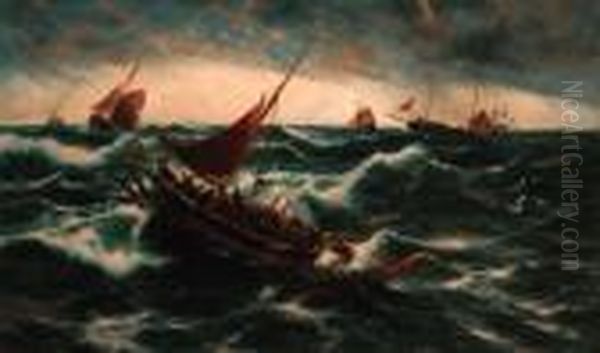 The Fishing Fleet Caught In A Squall Oil Painting by Thomas Rose Miles