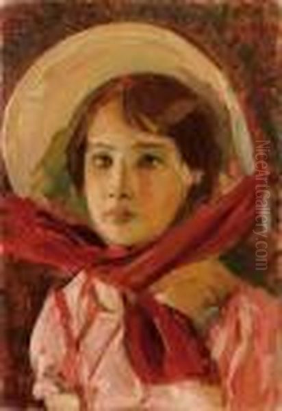 Ritratto Di Ragazzina Con Cappello Oil Painting by Alessandro Milesi