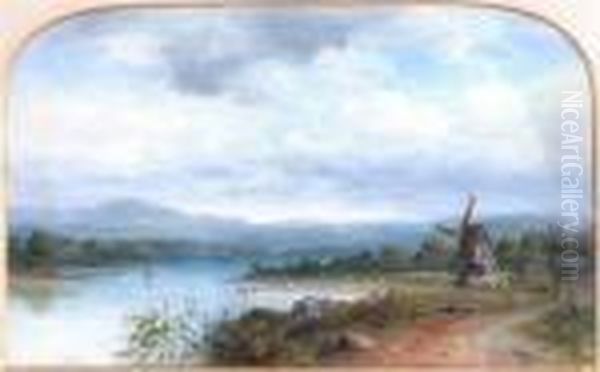 Windmill Overlooking A River Oil Painting by Sir John Everett Millais