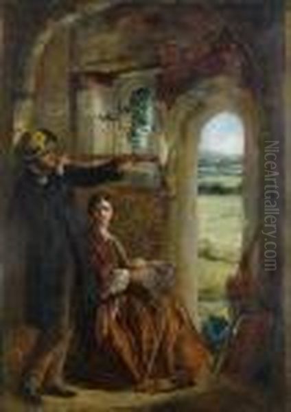 Young Couple Observing A Landscape Through A Doorway Oil Painting by Sir John Everett Millais