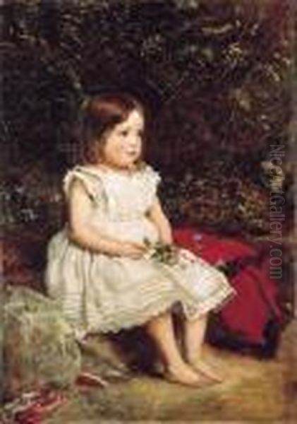 Portrait Of Eveline Lees As A Child, Seated Full Length By A Bank,wearing A White Dress Oil Painting by Sir John Everett Millais