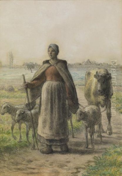 Paysanne Conduisant Aux Champs Sa Vache Et Ses Moutons Oil Painting by Jean-Francois Millet