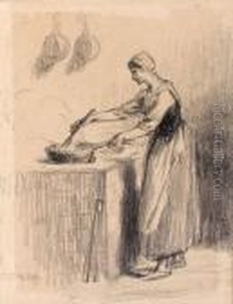 Jeune Femme Preparant Le Repas Dans Une Poele Oil Painting by Jean-Francois Millet