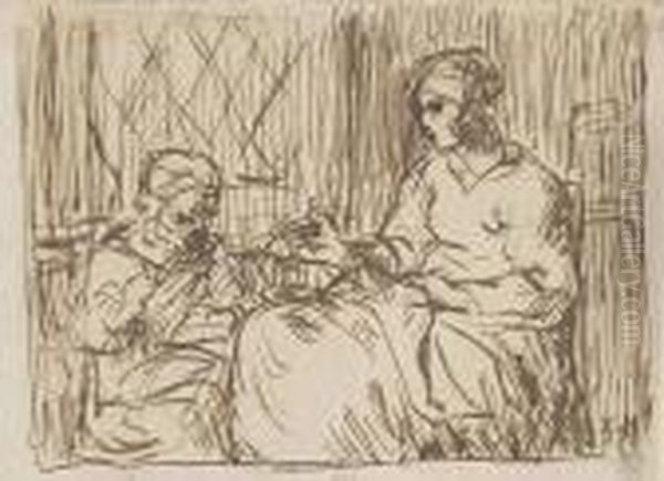 A Mother And Daughter Sewing Oil Painting by Jean-Francois Millet