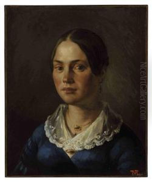 Portrait Of Madame Martin Signed
 With Monogram 'jfm.' Oil On Canvas 18Â¼ X 15 In. Painted In 1840 Oil Painting by Jean-Francois Millet