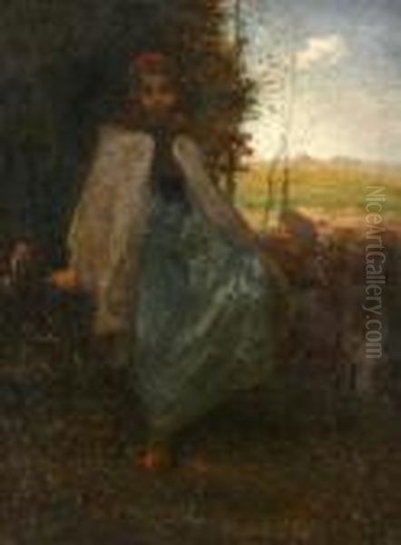 Shepherdess Seated On A Fence Oil Painting by Jean-Francois Millet