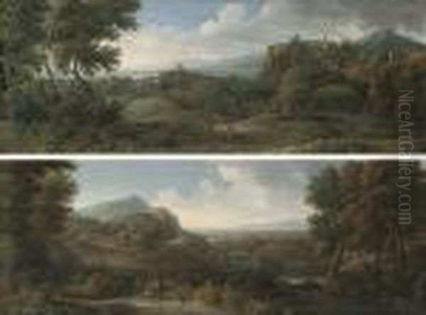 An Extensive Italianate 
Landscape With Travellers On A Track, Atown Beyond; And An Extensive 
Italianate River Landscape Withdrovers And Their Cattle On A Track, A 
Town Beyond Oil Painting by Jean-Francois Millet