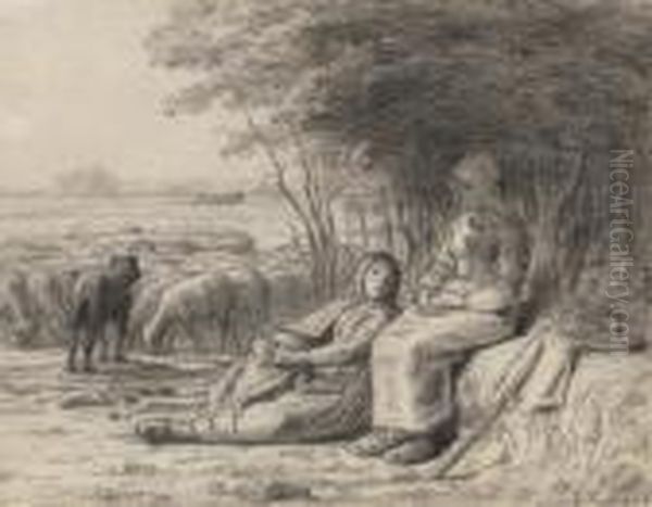 Two Shepherdesses And Their Flock Oil Painting by Jean-Francois Millet