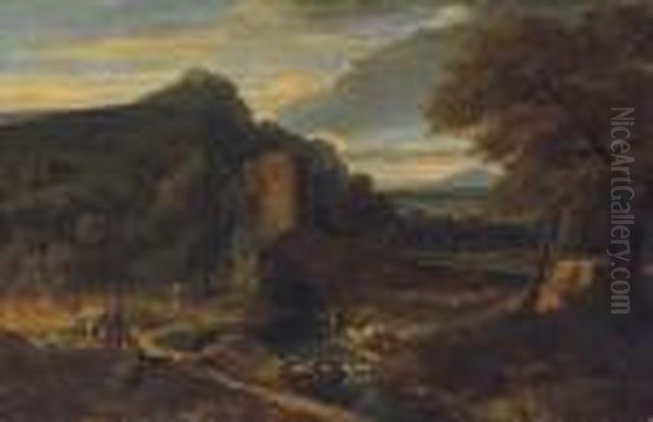 An Italianate River Landscape With Figures Bathing, Ancient Ruins Beyond Oil Painting by Jean-Francois Millet