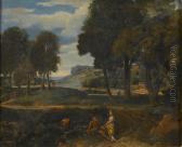 An Italianate Landscape With Classical Figures Resting Beside A Path Oil Painting by Jean-Francois Millet