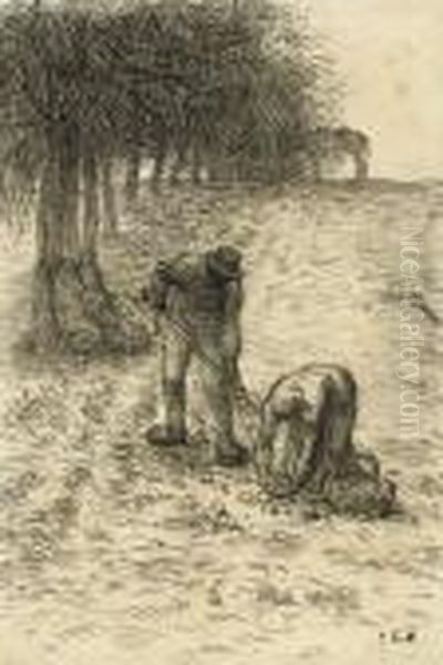 Peasants Digging For Potatoes, A Donkey Seen Beyond Oil Painting by Jean-Francois Millet