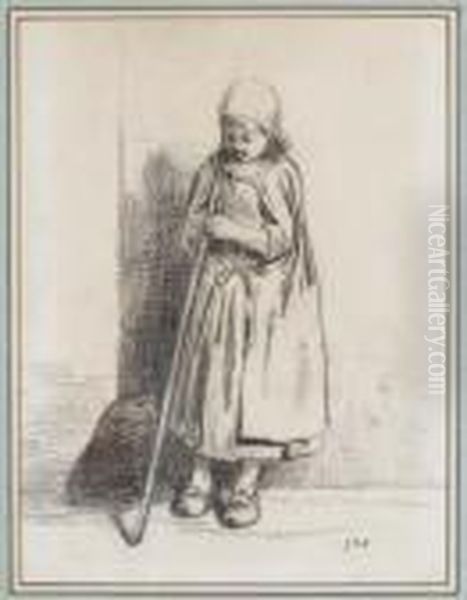 Filette Adossee Contre Un Mur Et Tenant Un Baton Oil Painting by Jean-Francois Millet