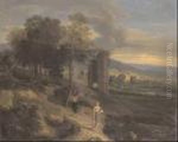 Le Portatrici D'acqua, Entro Paesaggio Con Rovine E Specchio D'acqua Sullo Sfondo Oil Painting by Jean-Francois Millet