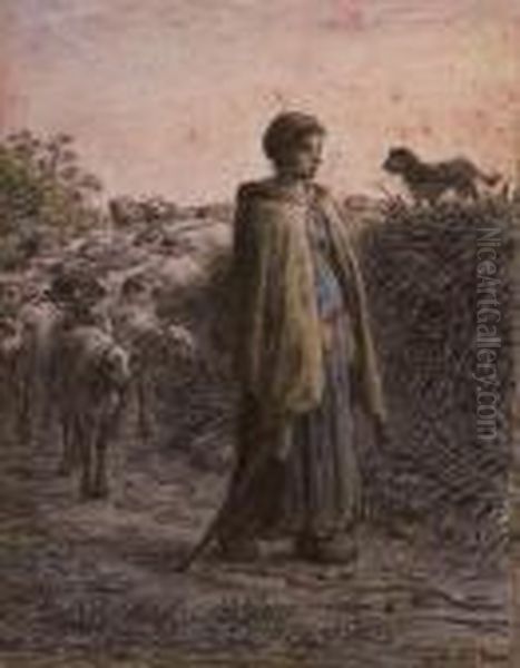 A Sherpherdess Oil Painting by Jean-Francois Millet