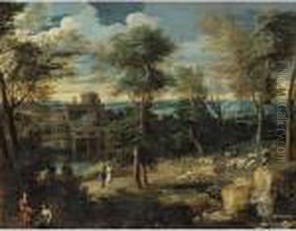 A Classical Landscape With A Shepherd And His Flock Together With Numerous Other Figures by Jean-Francois Millet