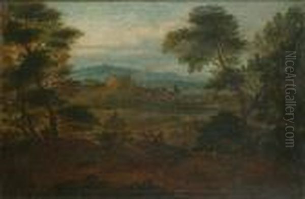 A Classical River Landscape With
 A Capriccio Of The Castel Sant' Angelo Beyond; And An Italianate 
Landscape With Classical Figures In The Foreground, A Roman Villa Beside
 A Lake Beyond Oil Painting by Jean-Francois Millet