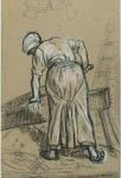 Study Of A Woman Breaking Flax Oil Painting by Jean-Francois Millet