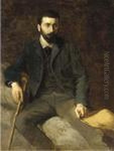 Portrait Of A Man Seated Holding A Hat And A Walking Stick Oil Painting by Jean-Francois Millet