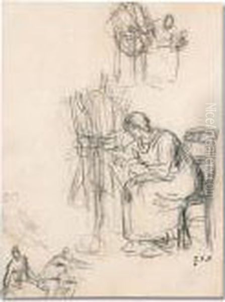 Sketch Sheet With A Woman Spinning And Other Figures Oil Painting by Jean-Francois Millet