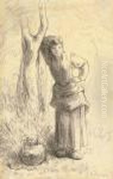 Milkmaid Leaning Against A Tree Oil Painting by Jean-Francois Millet