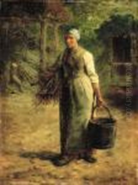 Woman Carrying Firewood And A Pail Oil Painting by Jean-Francois Millet