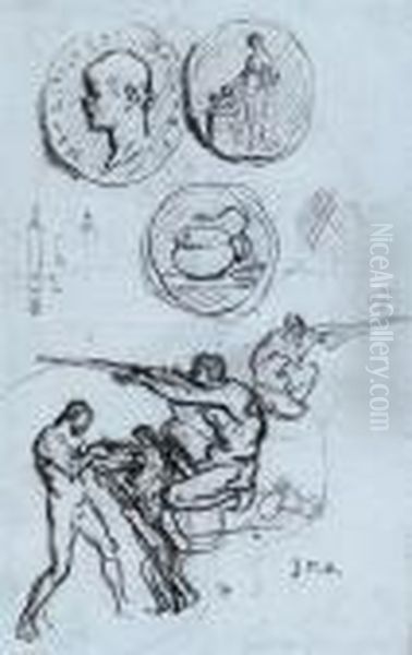 Three Studies For Antique Coins, Hunters And A Man With Alion Oil Painting by Jean-Francois Millet