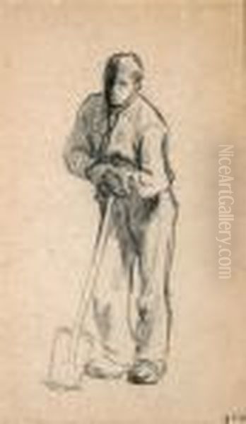 Paysan Appuy Sur Sa Bche (peasant Leaning On A Shovel)
Stamped With Initials 'j.f.m' (robert L. Herbert's 1875a; Lowerright) Oil Painting by Jean-Francois Millet