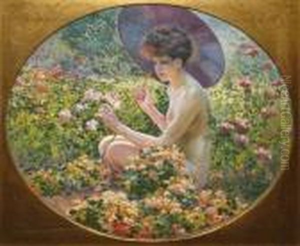 Baigneuse A L'ombrelle Japonaise Aujardin Oil Painting by Maurice Milliere