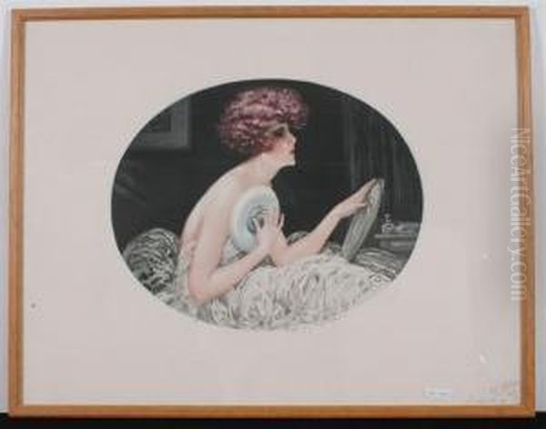 Lot Of Two Engravings Of Women Putting On Makeup Oil Painting by Maurice Milliere