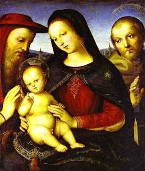 Madonna With The Christ Child Blessing And St Jerome And St Francis (Von Der Ropp Madonna) 1502 Oil Painting by Raphael