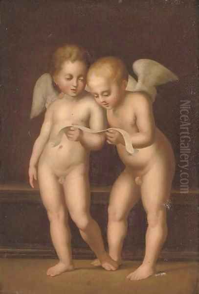 Two putti reading Oil Painting by Raphael