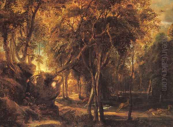 A Forest at Dawn with Deer Hunt Oil Painting by Peter Paul Rubens