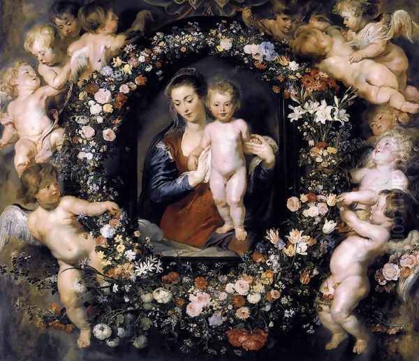 Madonna in Floral Wreath c. 1620 Oil Painting by Peter Paul Rubens