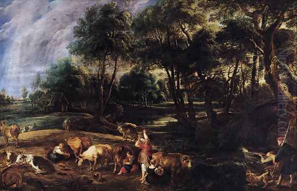 Landscape with Cows and Wildfowlers c. 1630 Oil Painting by Peter Paul Rubens