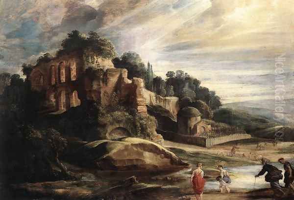 Landscape with the Ruins of Mount Palatine in Rome c. 1608 Oil Painting by Peter Paul Rubens