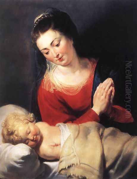 Virgin in Adoration before the Christ Child c. 1615 Oil Painting by Peter Paul Rubens