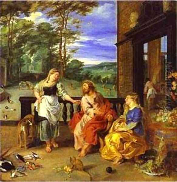 Jan Bruegel-The Younger And Peter Paul Rubens Christ In The House Of Martha And Mary 1628 Oil Painting by Peter Paul Rubens