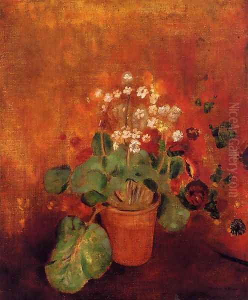 Flowers In A Port On A Red Background Oil Painting by Odilon Redon