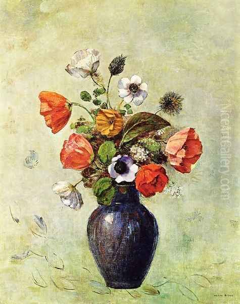 Anemones And Poppies In A Vase Oil Painting by Odilon Redon