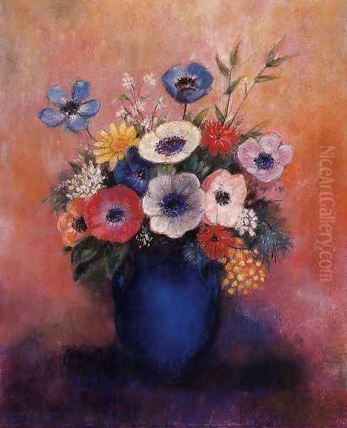 Bouquet Of Flowers In A Blue Vase Oil Painting by Odilon Redon