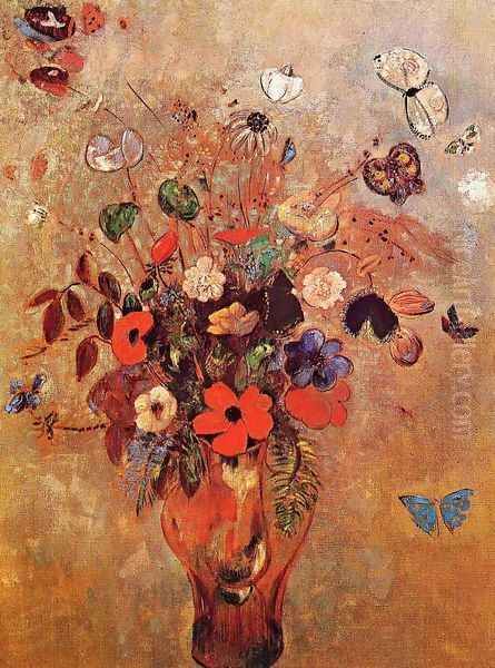 Vase with Flowers and Butterflies Oil Painting by Odilon Redon