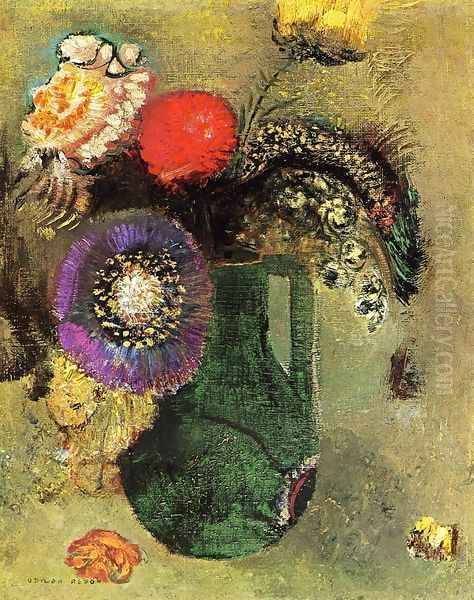 Flowers In Green Vase With Handles Oil Painting by Odilon Redon