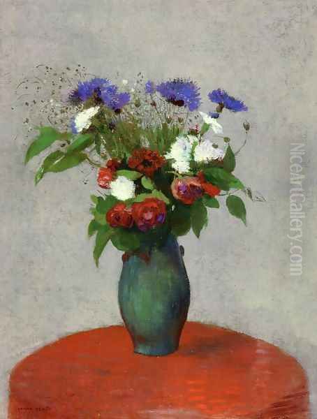 Vase Of Flowers On A Red Tablecloth Oil Painting by Odilon Redon