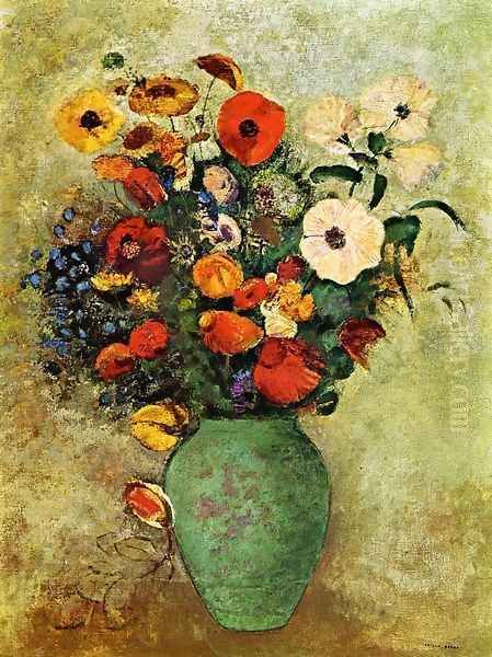 Bouquet Of Flowers In A Green Vase Oil Painting by Odilon Redon