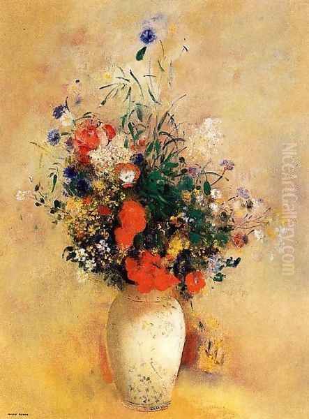 Flowers In A Chinese Base Oil Painting by Odilon Redon