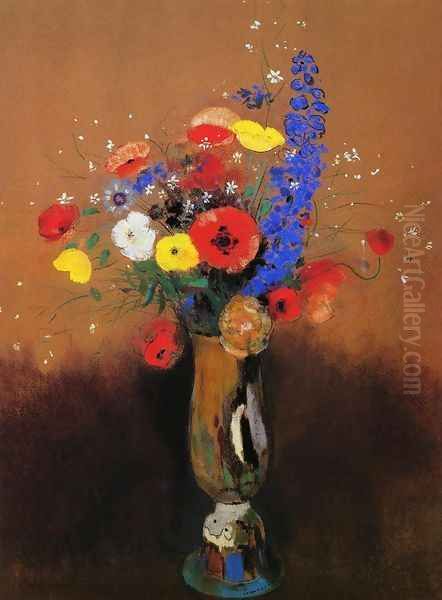 Wild Flowers in a Long-Necked Vase Oil Painting by Odilon Redon