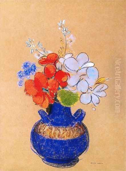 Flowers In A Blue Vase Oil Painting by Odilon Redon