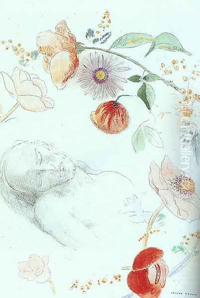 Bust Of A Man Asleep Amid Flowers Oil Painting by Odilon Redon